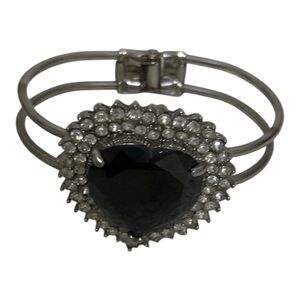 Wrist Cuff Bracelet with Heart Shape Stone 6.5" Women's Black/Silver